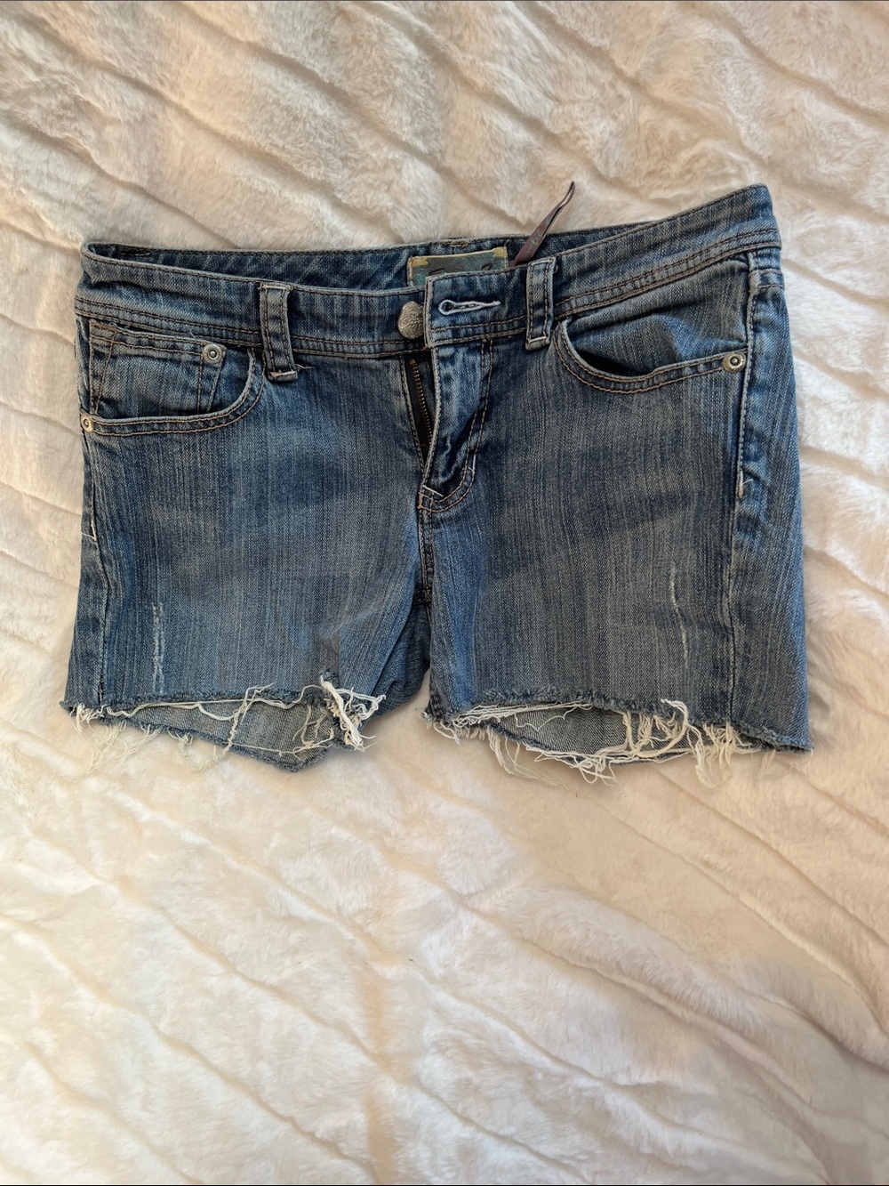 Seven7 Distressed Medium Blue Denim Cutoff Shorts